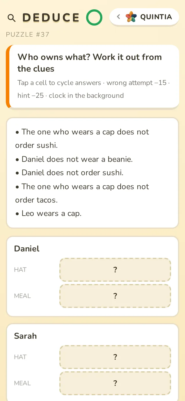 The DEDUCE board: clues and a grid of answers to fill in