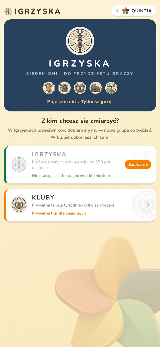 Ekran wyboru w Igrzyskach: godło, pięć herbów dywizji oraz karty Igrzyska i Kluby
